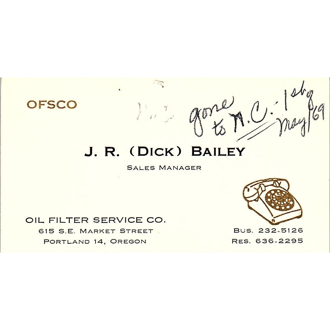 Oil Filter Service Co J.R. (Dick) Bailey Portland 14 Oregon Business Card SB4-B3