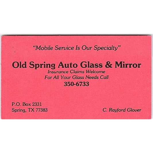 C Rayford Glover Old Spring Auto Glass Spring TX Vintage Business Card SC9-B2