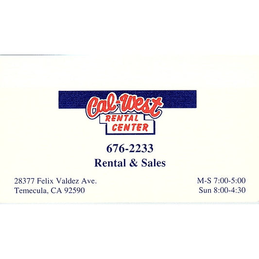 Cal-West Rental Center Temecula CA Vintage Business Card SC9-B8