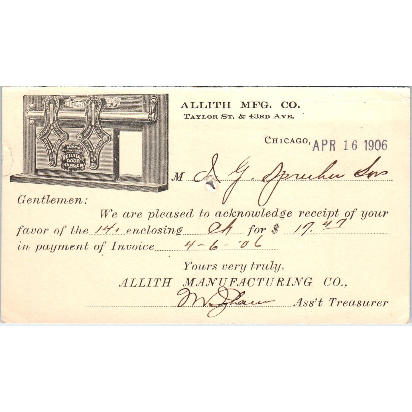 1906 Allith Manufacturing Co Chicago IL Payment Receipt Postal Card AE8