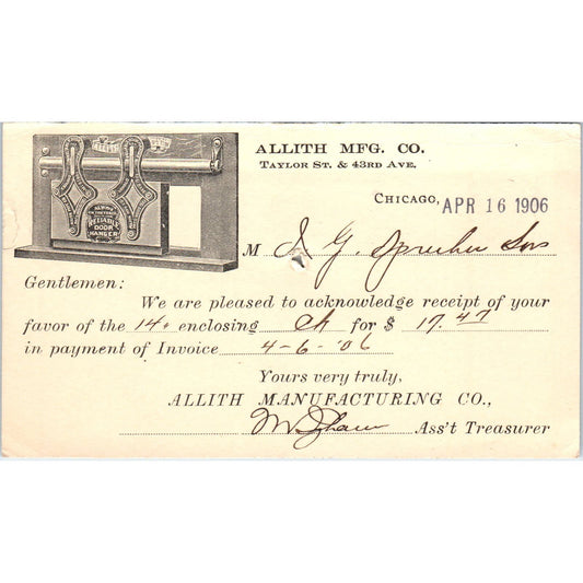 1906 Allith Manufacturing Co Chicago IL Payment Receipt Postal Card AE8