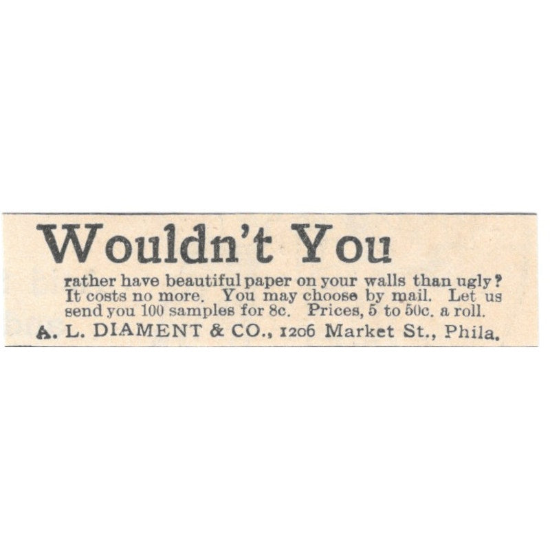 A.L. Diament & Co Wallpaper Philadelphia PA 1892 Magazine Ad AB6-S3