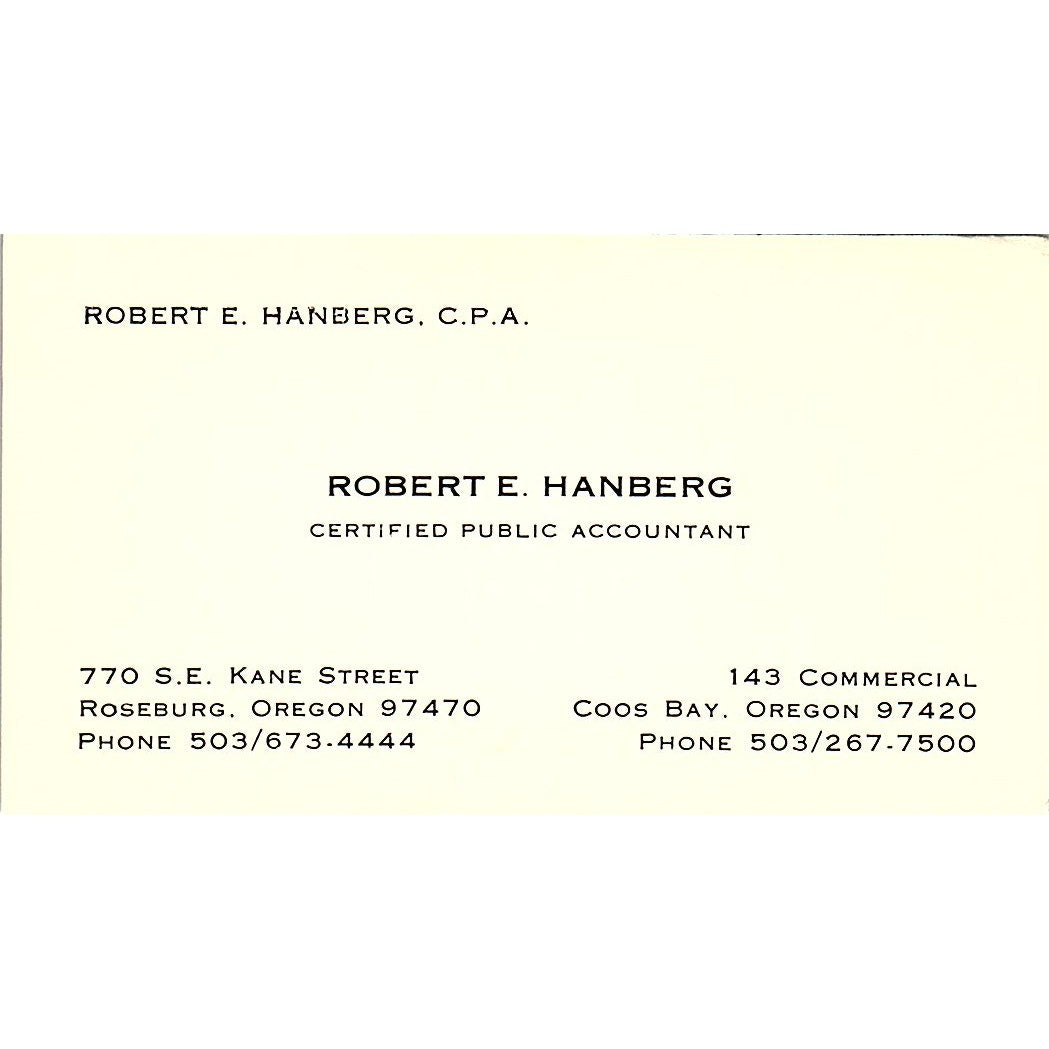 Robert E Hanberg CPA Roseburg Coos Bay OR Vintage Business Card SD9-B1