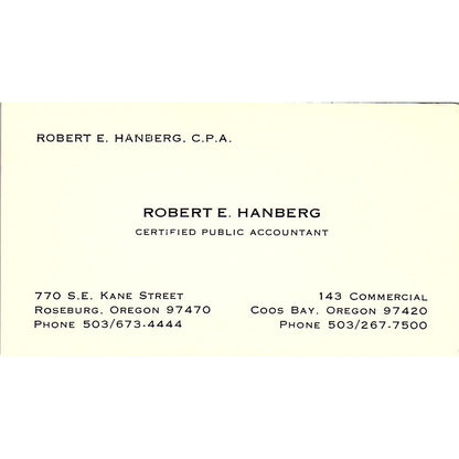Robert E Hanberg CPA Roseburg Coos Bay OR Vintage Business Card SD9-B1