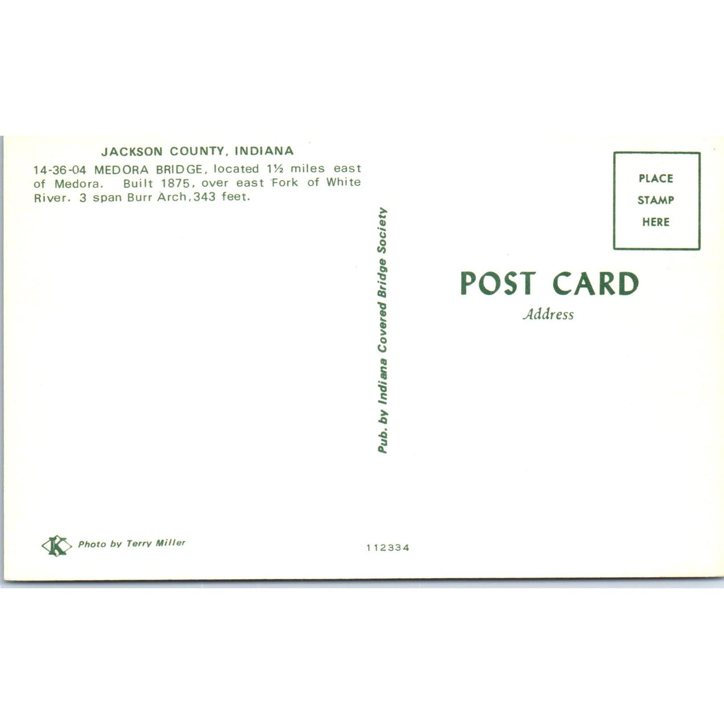 Medora Bridge Jackson County Indiana Covered Bridge Postcard PB11