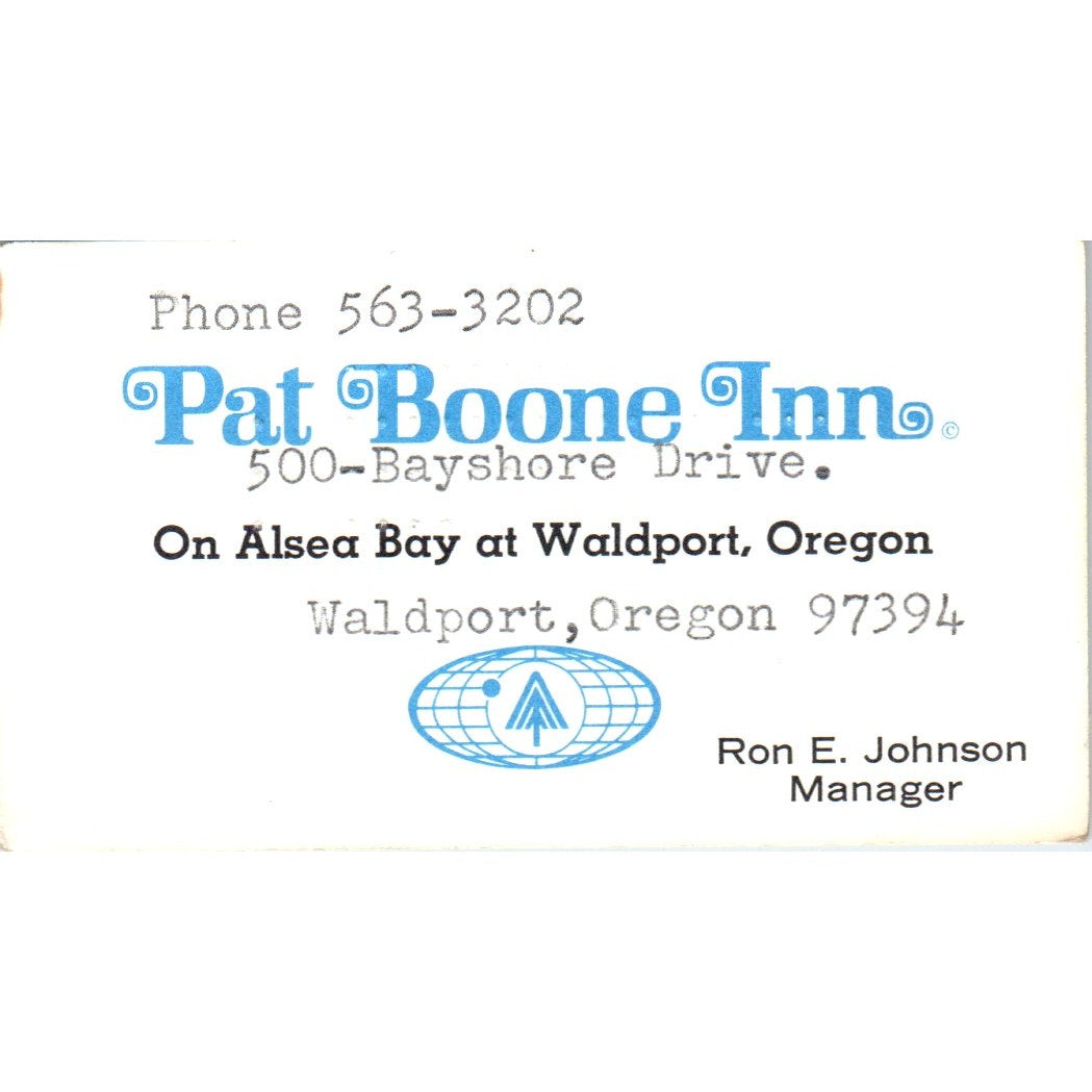 Pat Boone Inn Waldport OR Ron E. Johnson Vintage Business Card SE3-B1