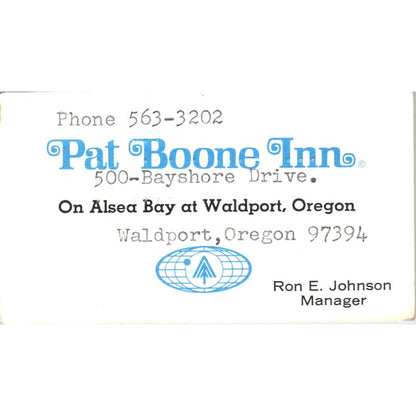 Pat Boone Inn Waldport OR Ron E. Johnson Vintage Business Card SE3-B1