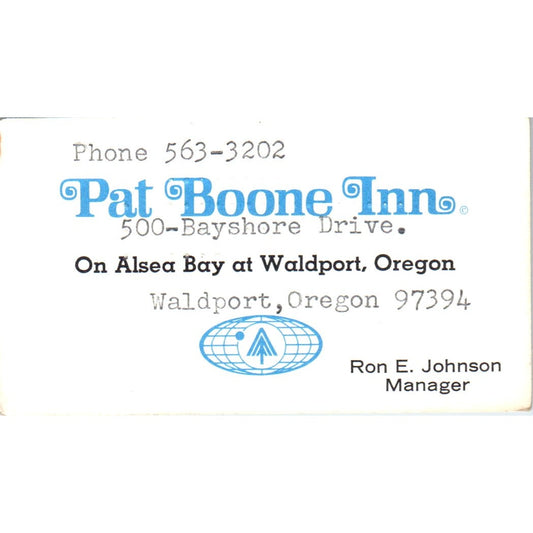 Pat Boone Inn Waldport OR Ron E. Johnson Vintage Business Card SE3-B1