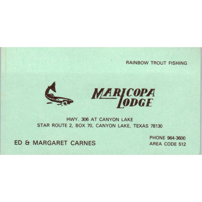 Maricopa Lodge Ed & Margaret Carnes Canyon Lake TX Vintage Business Card SD8-B22
