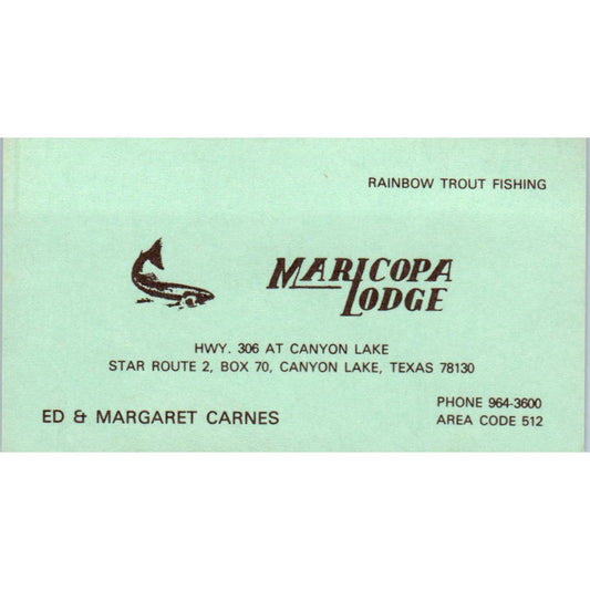 Maricopa Lodge Ed & Margaret Carnes Canyon Lake TX Vintage Business Card SD8-B22