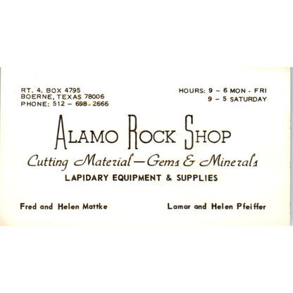 Alamo Rock Shop Mattke Pfeiffer Boerne TX Vintage Business Card SD8-B6