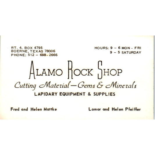 Alamo Rock Shop Mattke Pfeiffer Boerne TX Vintage Business Card SD8-B6