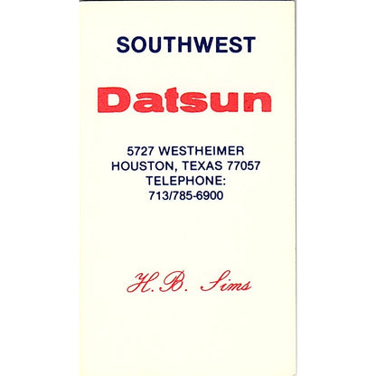 Southwest Datsun Dealer H.B. Sims Houston Vintage Business Card SD9-B6