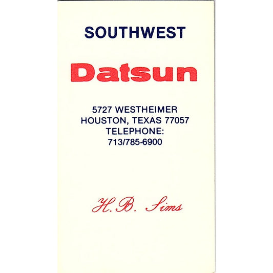 Southwest Datsun Dealer H.B. Sims Houston Vintage Business Card SD9-B6