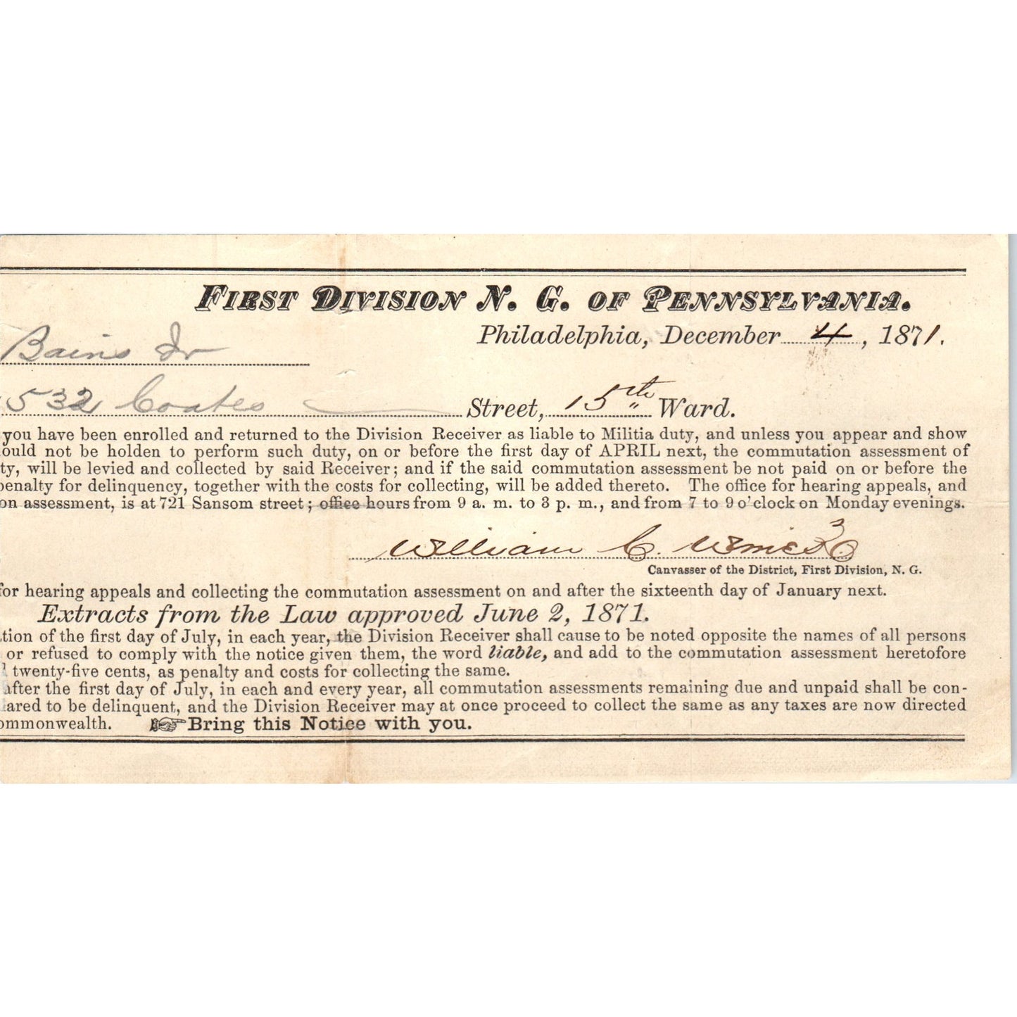 1871 First Division N.G. of Pennsylvania Militia Enrollment Note Baines AD8-R4