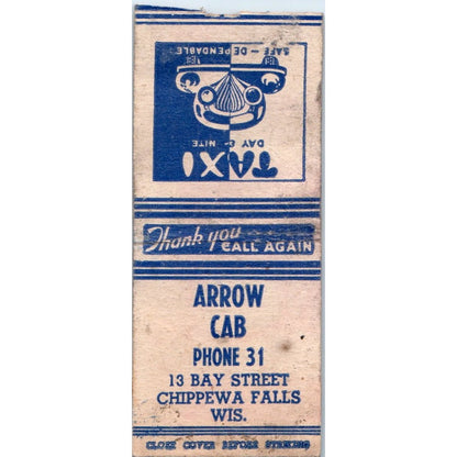 Arrow Cab 13 Bay Street Chippewa Falls WI Vintage Matchbook Cover SD2-Y3
