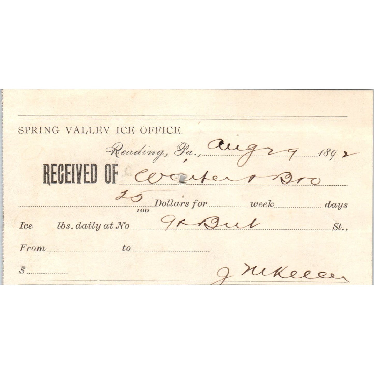 1892 Spring Valley Ice Office Reading PA Original Billhead Receipt AE7