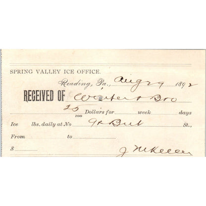 1892 Spring Valley Ice Office Reading PA Original Billhead Receipt AE7