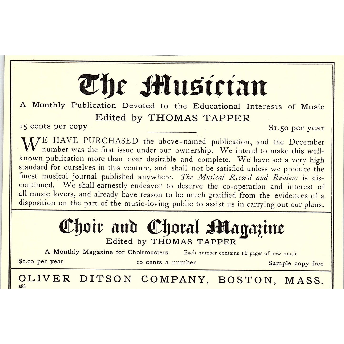 The Musician Thomas Tapper Oliver Ditson Company Boston - 1904 Ad AF5-6