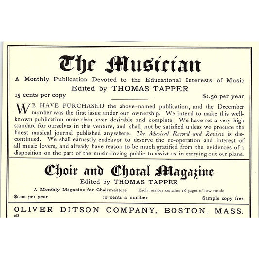 The Musician Thomas Tapper Oliver Ditson Company Boston - 1904 Ad AF5-6