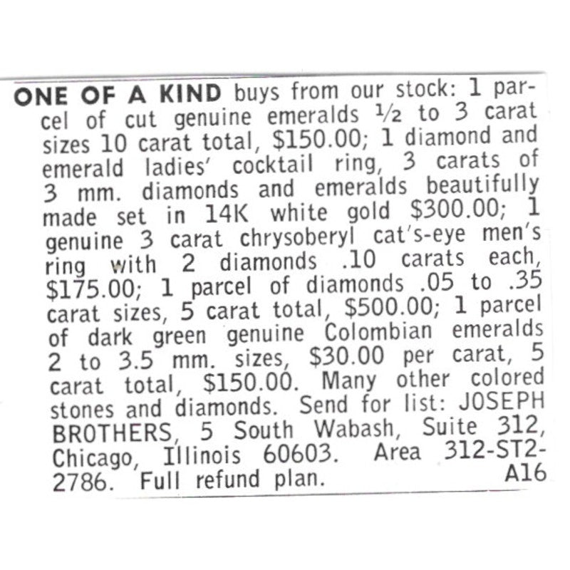 Joseph Brothers Gems Chicago IL 1972 Ad AF8-S11
