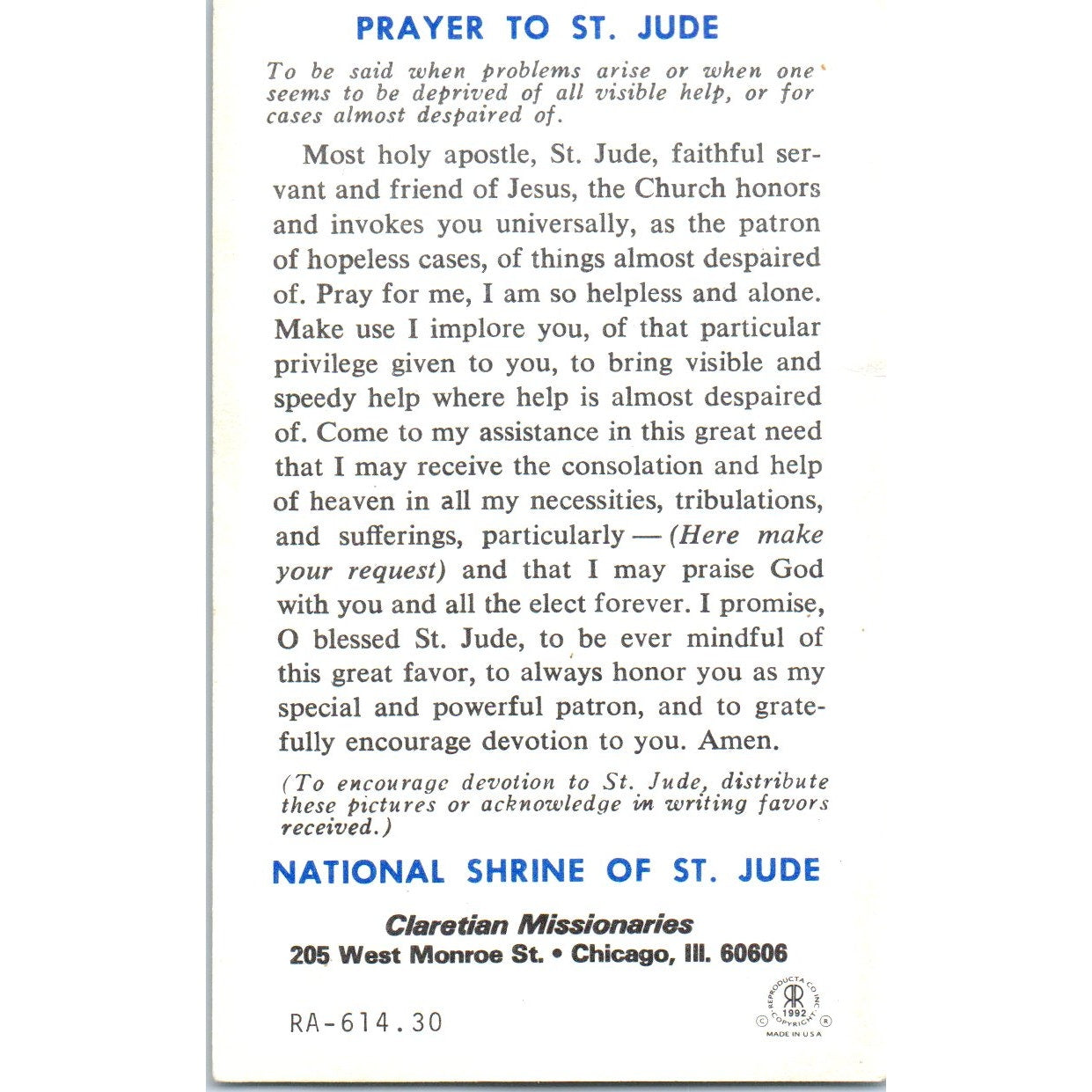 Prayer to St. Jude Claretian Missionaries Chicago Vintage Prayer Card TH2-PC1