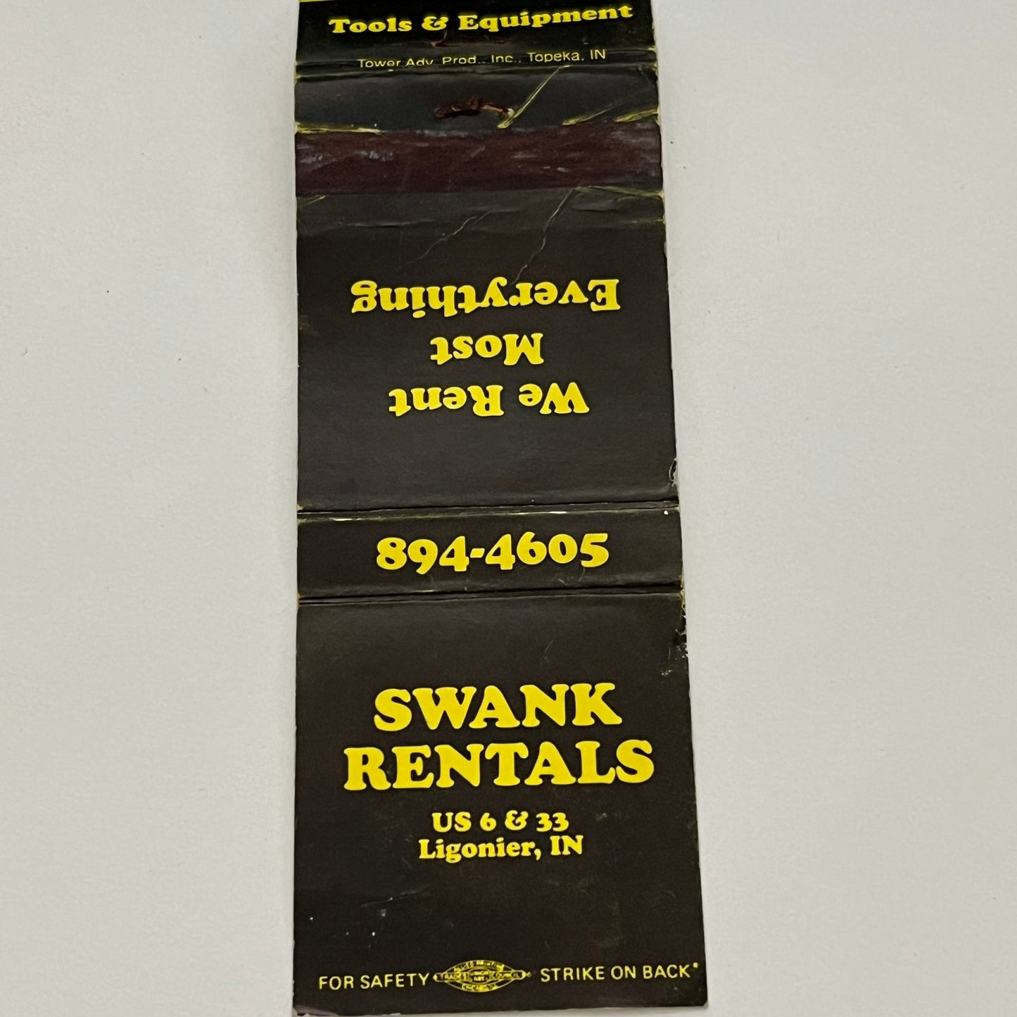 Swank Rentals US 6 & 33 Ligonier Indiana Vintage Matchbook TB6-MB2-14