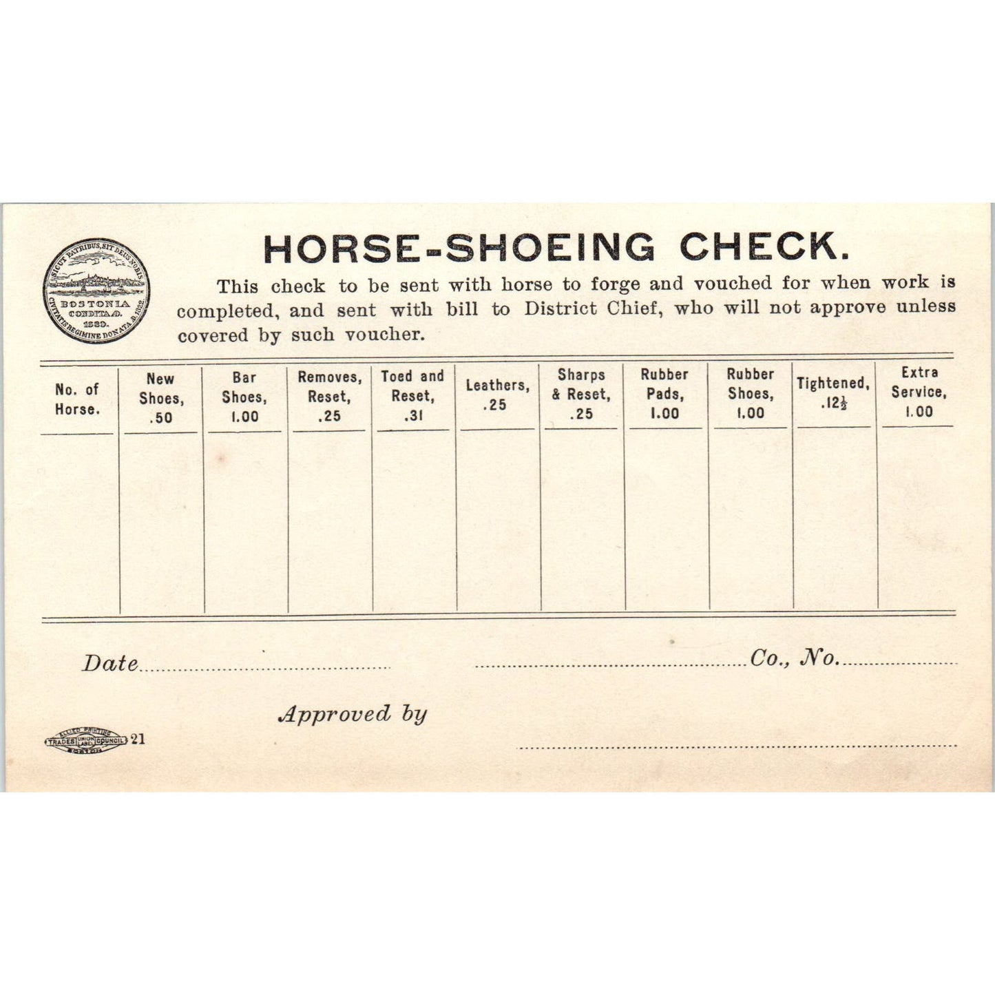 c1910 Boston Fire Department Horse-Shoeing Check Blank Form AE9-X2
