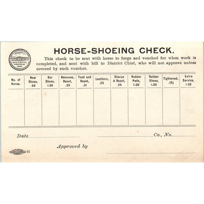 c1910 Boston Fire Department Horse-Shoeing Check Blank Form AE9-X2