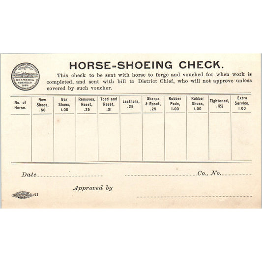 c1910 Boston Fire Department Horse-Shoeing Check Blank Form AE9-X2
