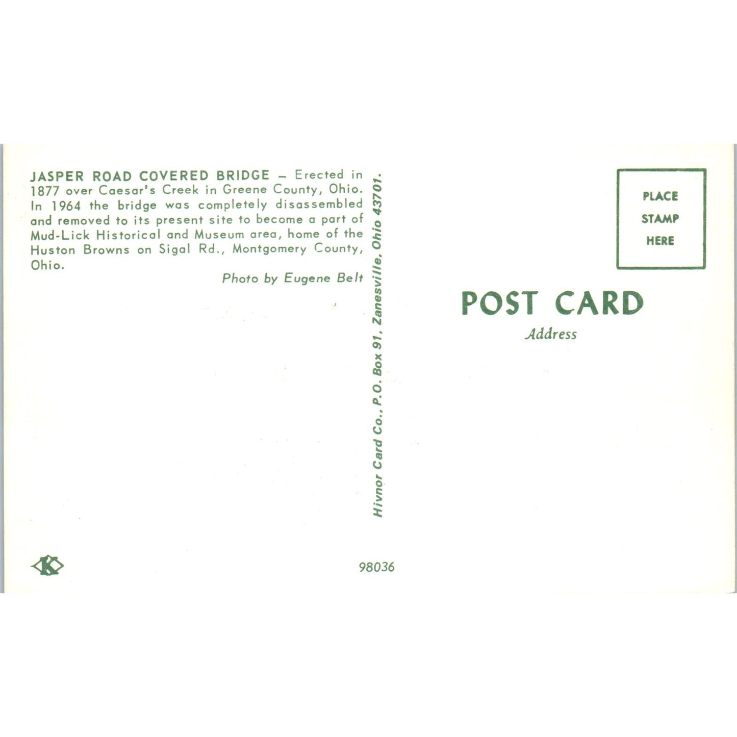 Jasper Road Covered Bridge Caesar's Creek Green County OH Postcard PB11