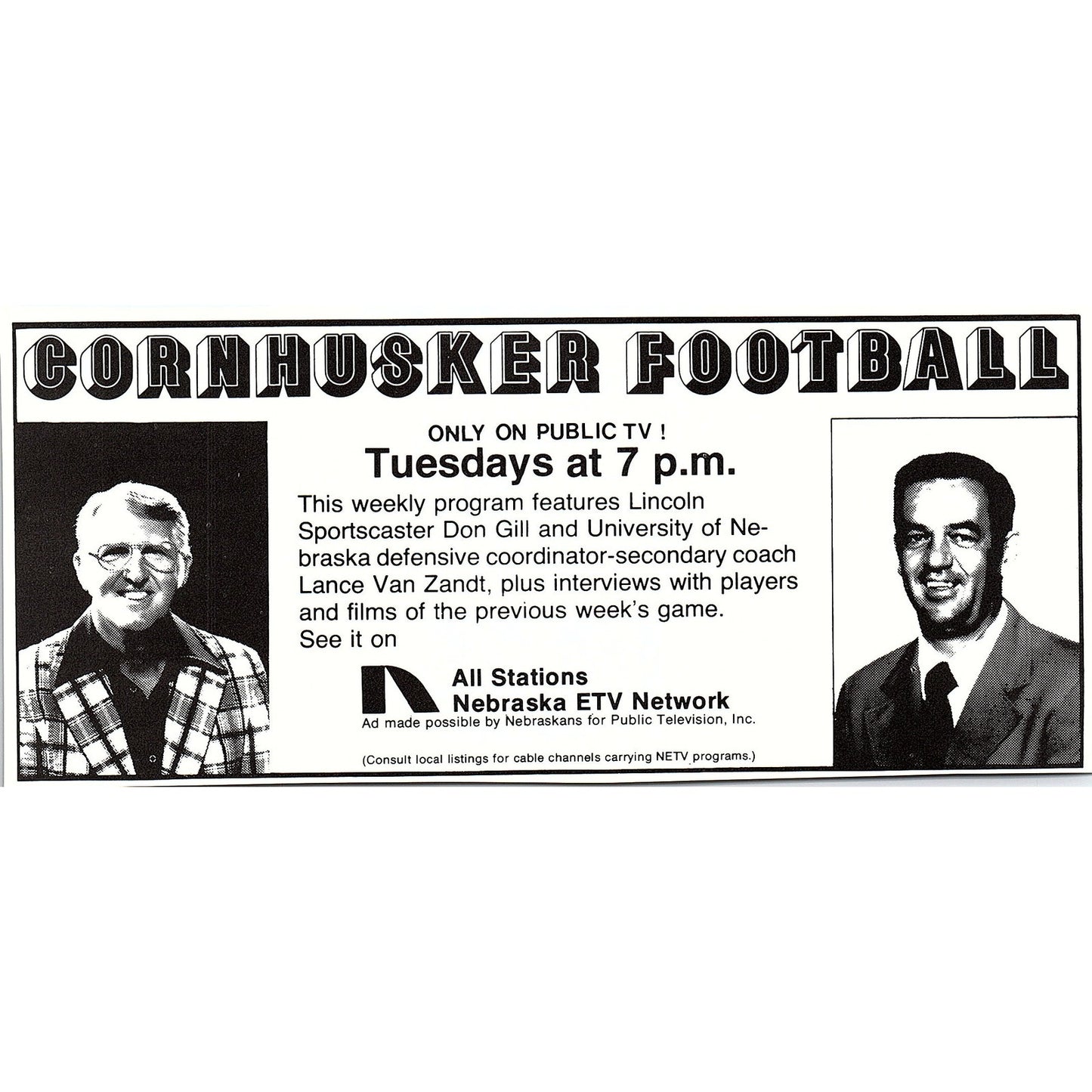 Cornhuskers Football ETV Network Don Gill Lance Van Zandt 1979 Ad AG8-2