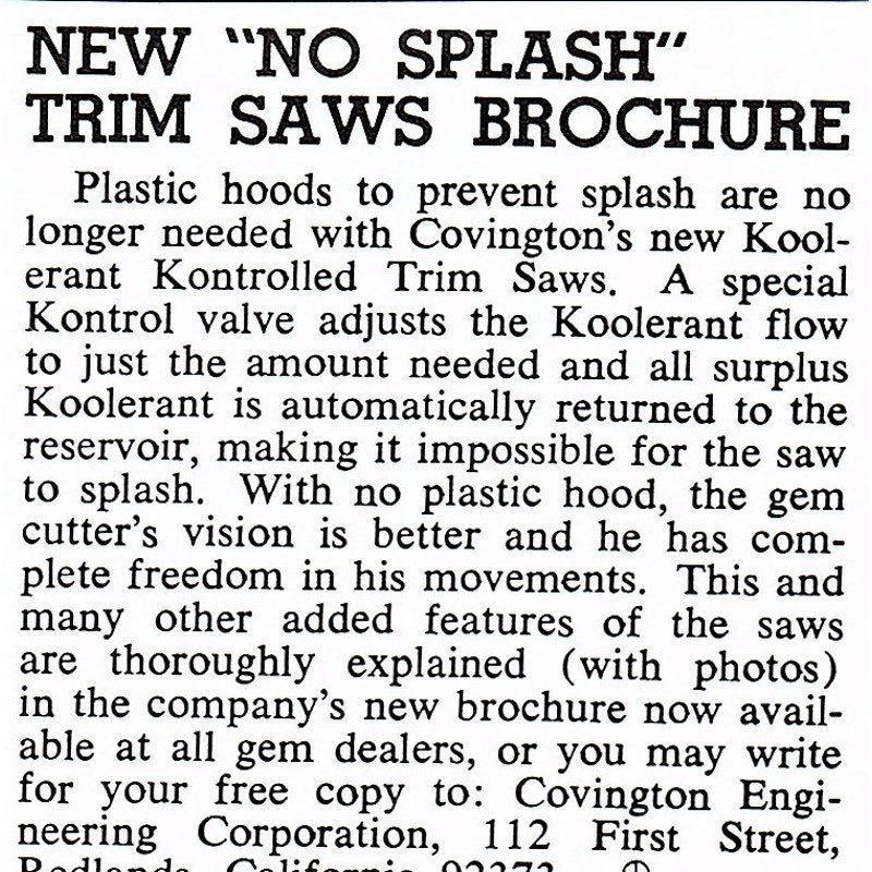 Covington Engineering Corp Kontrolled Trim Saws Redlands CA 1972 Ad AF8-M1