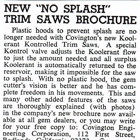 Covington Engineering Corp Kontrolled Trim Saws Redlands CA 1972 Ad AF8-M1