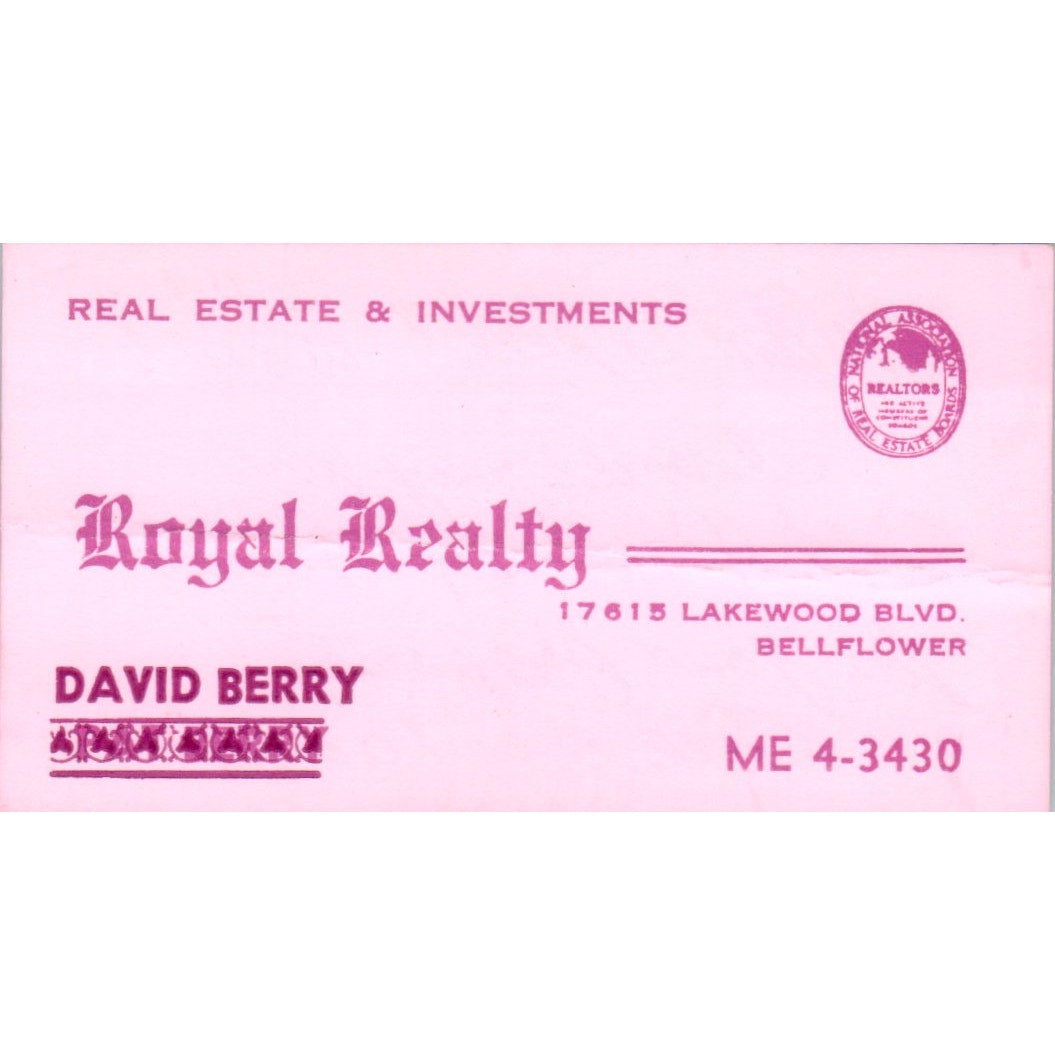 David Berry Royal Realty Bellflower CA Vintage Business Card SD8-B3