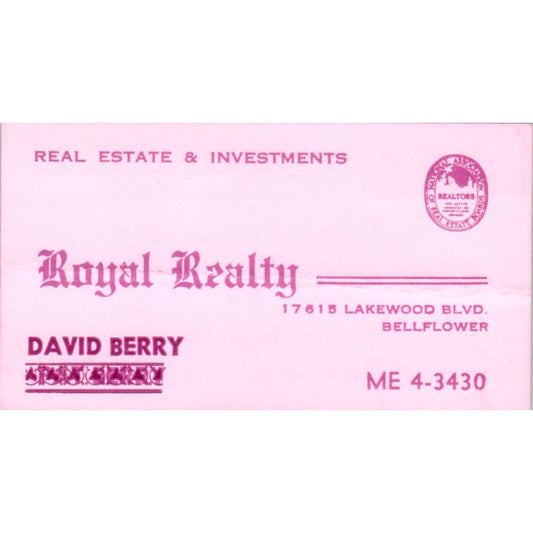 David Berry Royal Realty Bellflower CA Vintage Business Card SD8-B3