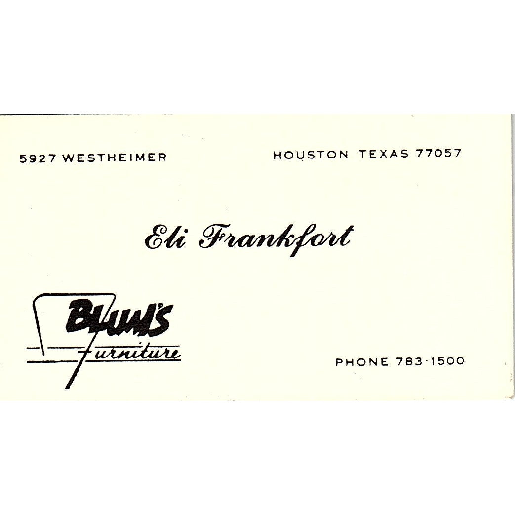 Eli Frankfort Blum's Furniture Houston Texas Vintage Business Card SF3-B2