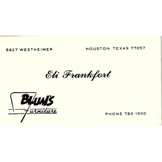 Eli Frankfort Blum's Furniture Houston Texas Vintage Business Card SF3-B2