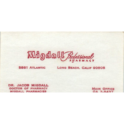 Dr. Jacob Migdall Professional Pharmacy Long Beach Vintage Business Card SD8-B15