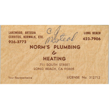 Norm's Plumbing & Heating C.J. Mostead Long Beach Vintage Business Card SD4-B1