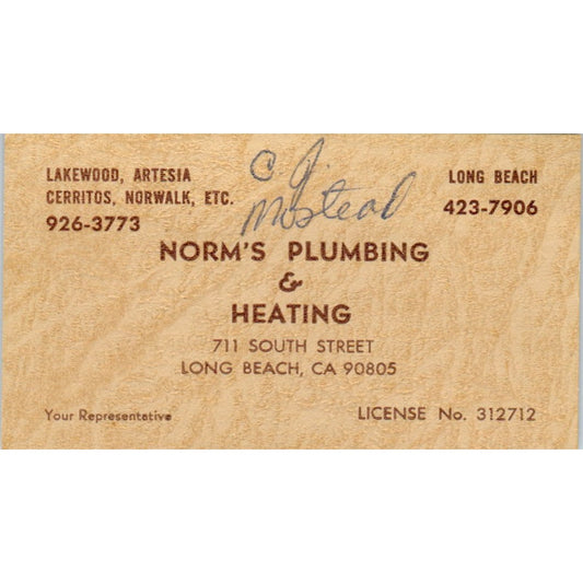 Norm's Plumbing & Heating C.J. Mostead Long Beach Vintage Business Card SD4-B1