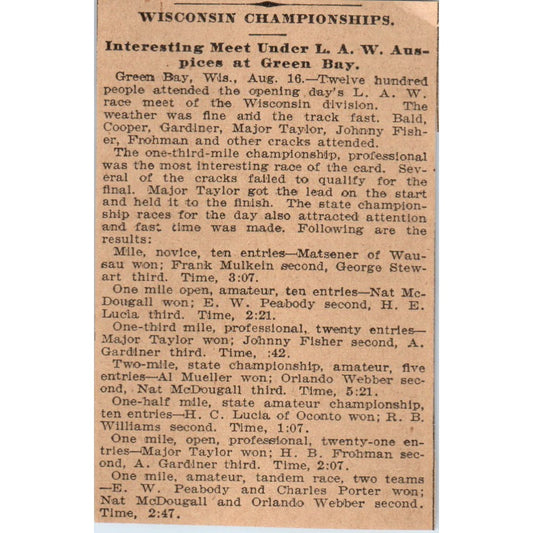 L.A.W. Race Meet Green Bay Wisconsin St. Paul 1898 Newspaper Ad AF2-Q1