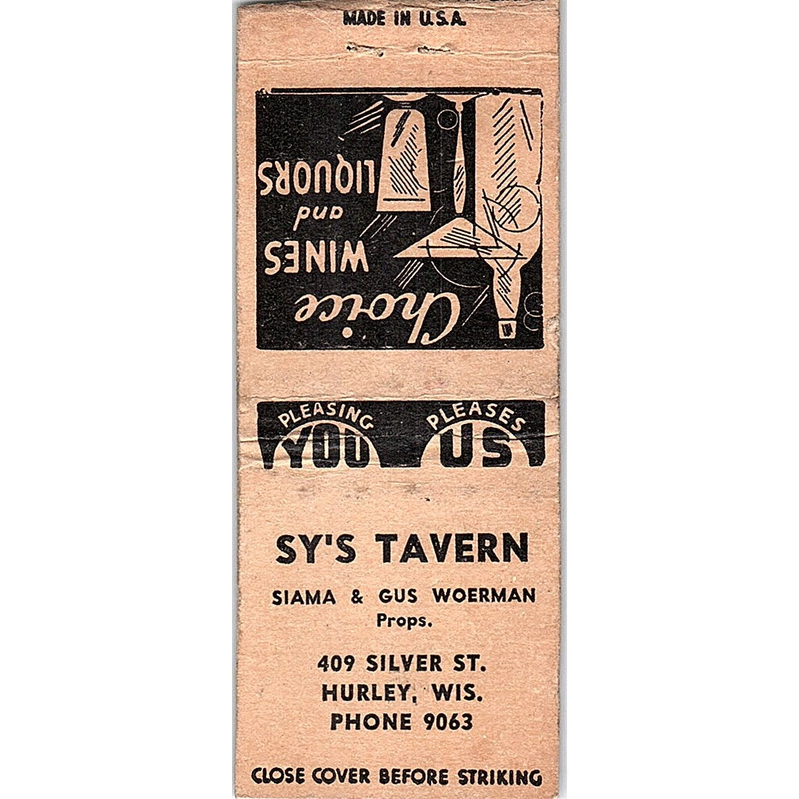 Sy's Tavern Siama & Gus Woerman Hurley WI Vintage Matchbook Cover SF3-Y1