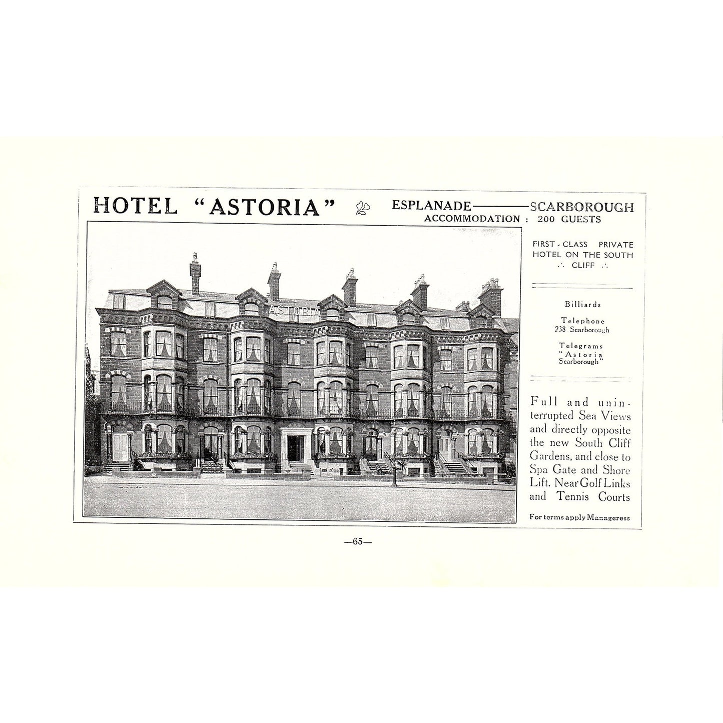 Hotel Astoria Esplanade, Westfield Temperance Hotel Scarborough c1910 Ad AF3-9