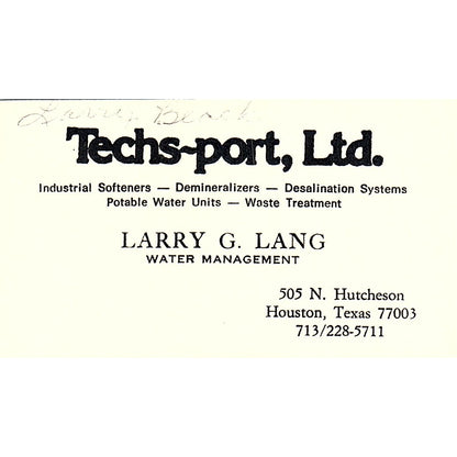 Larry G Lang Techs-port Ltd Water Management Houston Vtg Business Card SE5-B1