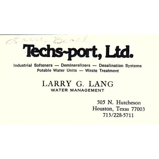 Larry G Lang Techs-port Ltd Water Management Houston Vtg Business Card SE5-B1