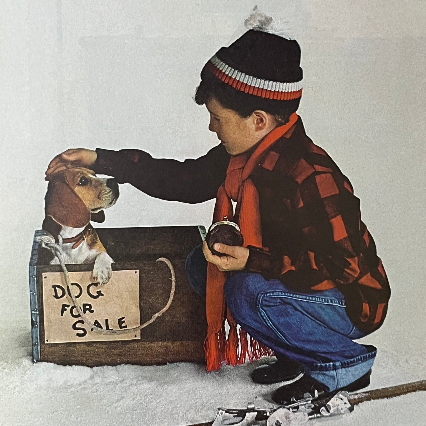 1960s Little Boy With Puppy and Skis Kitsch 8x10 Art Print V2