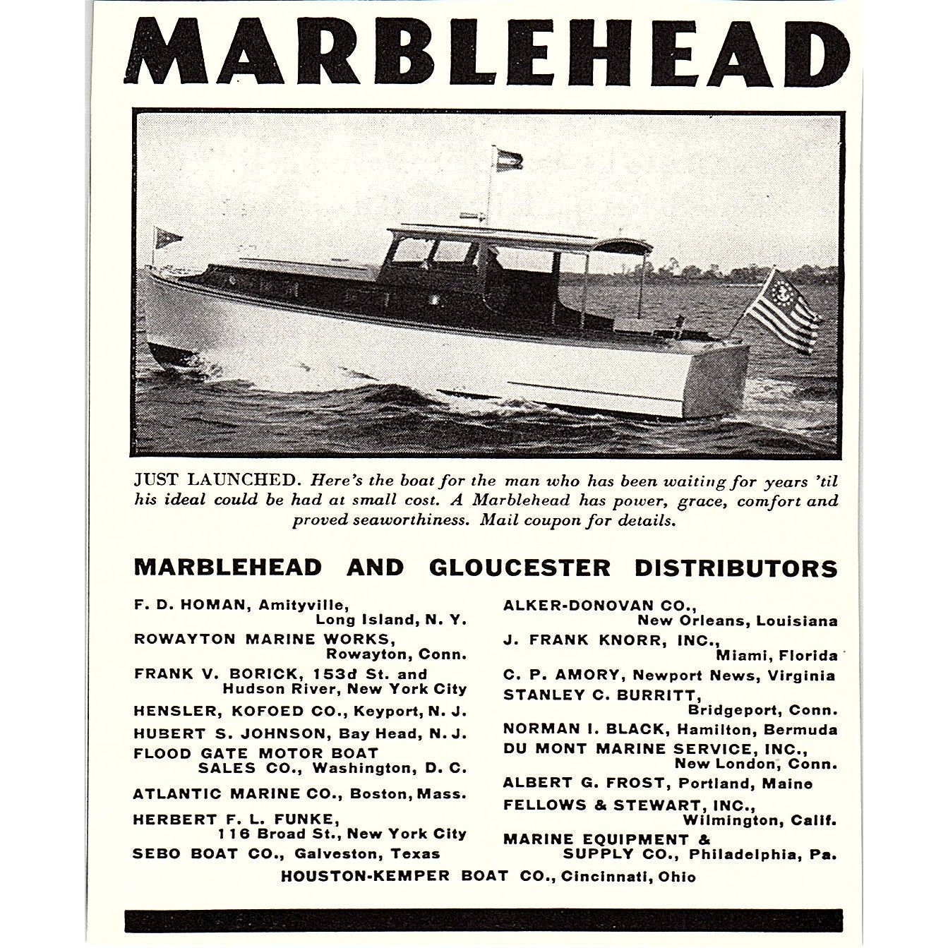 Marblehead and Gloucester - Houston-Kemper Boat Co Cincinnati 1932 Ad AG2-H3