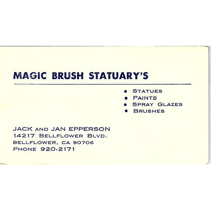 Magic Brush Statuary's Jack & Jan Epperson Bellflower Vtg Business Card SD9-B5