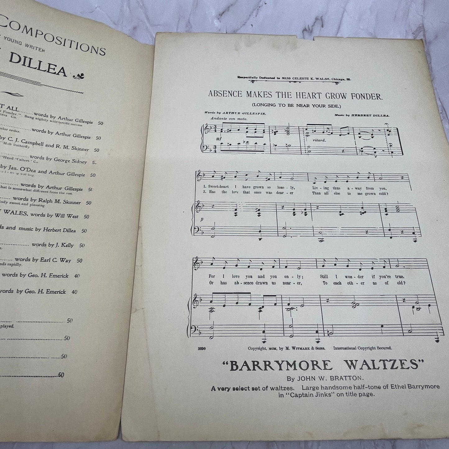 Absence Makes the Heart Grow Fonder Harry Talley, Gillespie 1900 Sheet Music V15